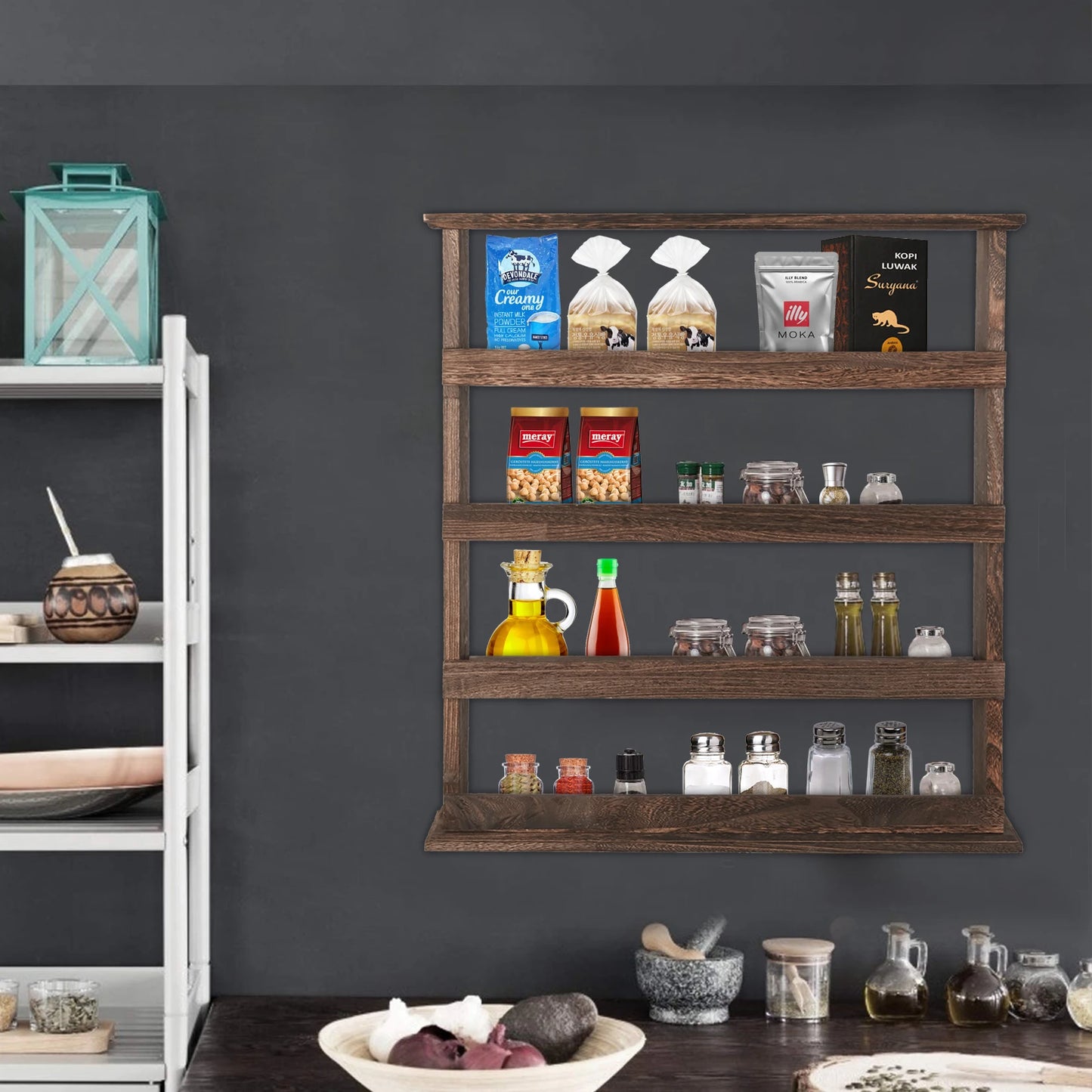 4 Tier Wood Spice Rack Desktop Wall Hanging Shelf Holder Kitchen Cabinet Flamed Organizer