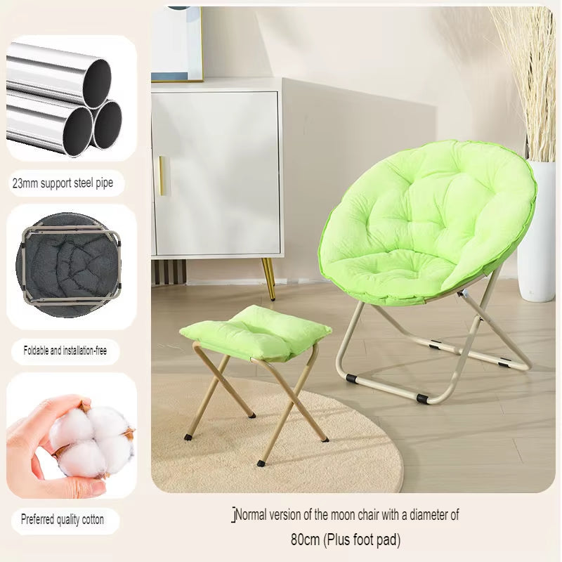 Round Folding Faux Fur Saucer Chair for Bedroom Living Room Dorm Comfy Furry Padded Soft Cozy Moon Chair with Footrest Ottoman