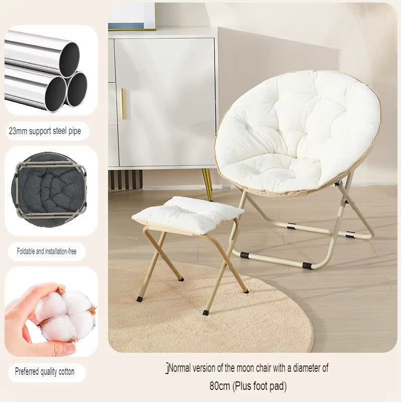 Round Folding Faux Fur Saucer Chair for Bedroom Living Room Dorm Comfy Furry Padded Soft Cozy Moon Chair with Footrest Ottoman