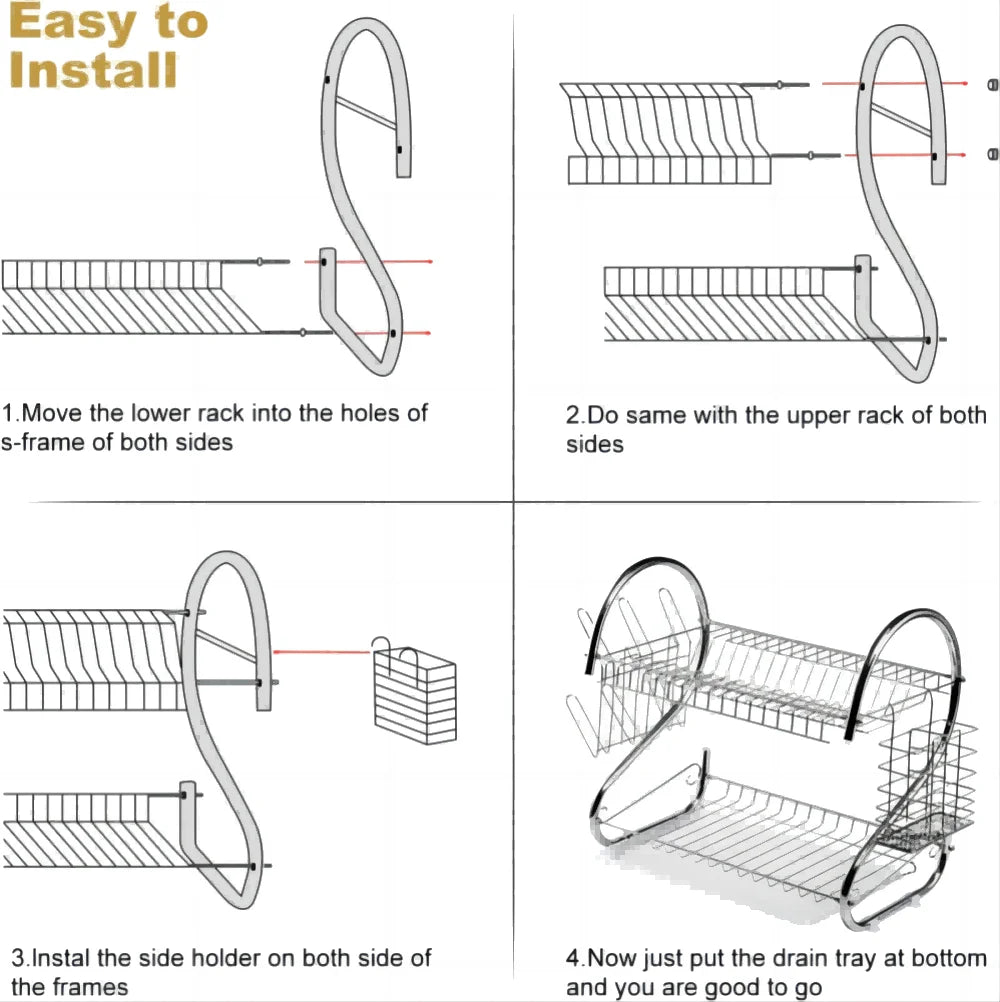 2 Tier Dish Drainer Rack with Drip Tray Kitchen Drying Rack Bowl Plate Holder UK