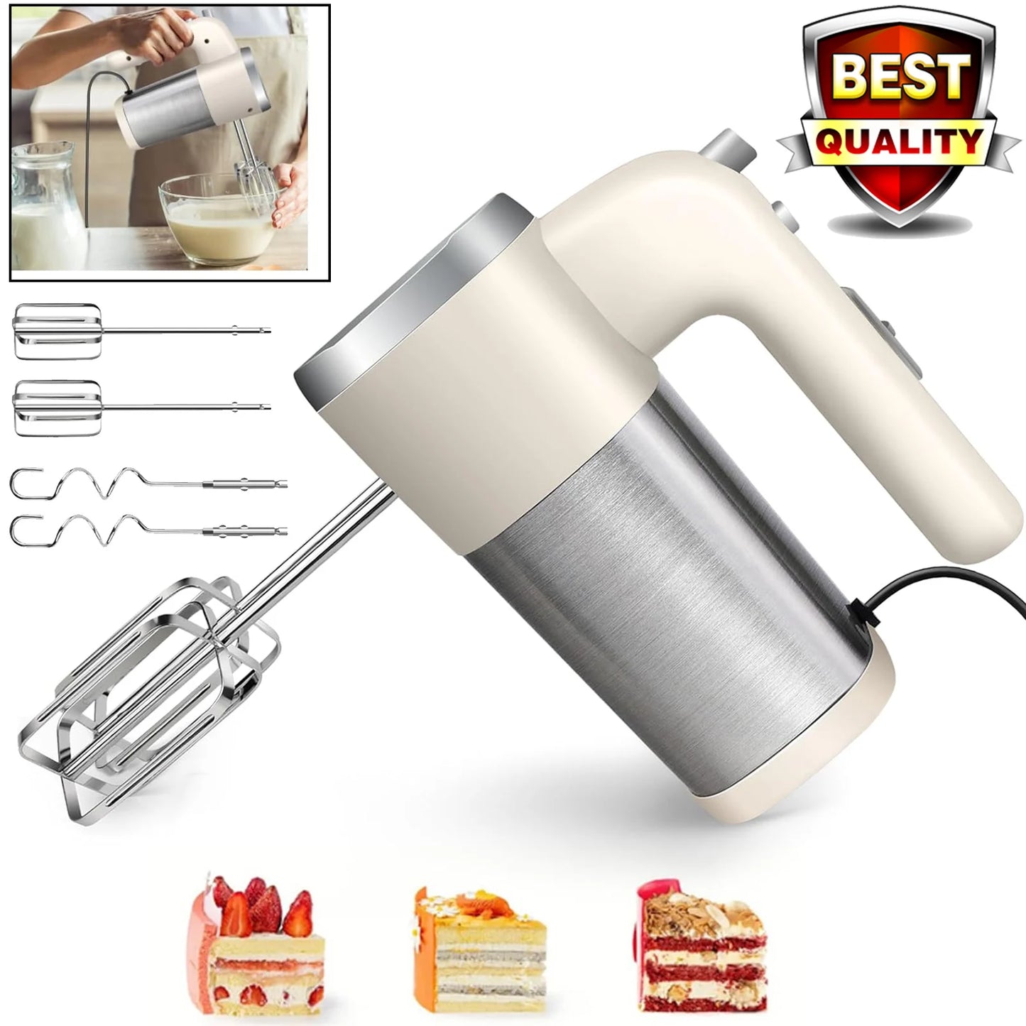 Dayplus Electric Mixer 200W Electric Hand Whisk, 5-Speed with Turbo Button, 4 Stainless Steel Attachments Food Cake Mixer Baking