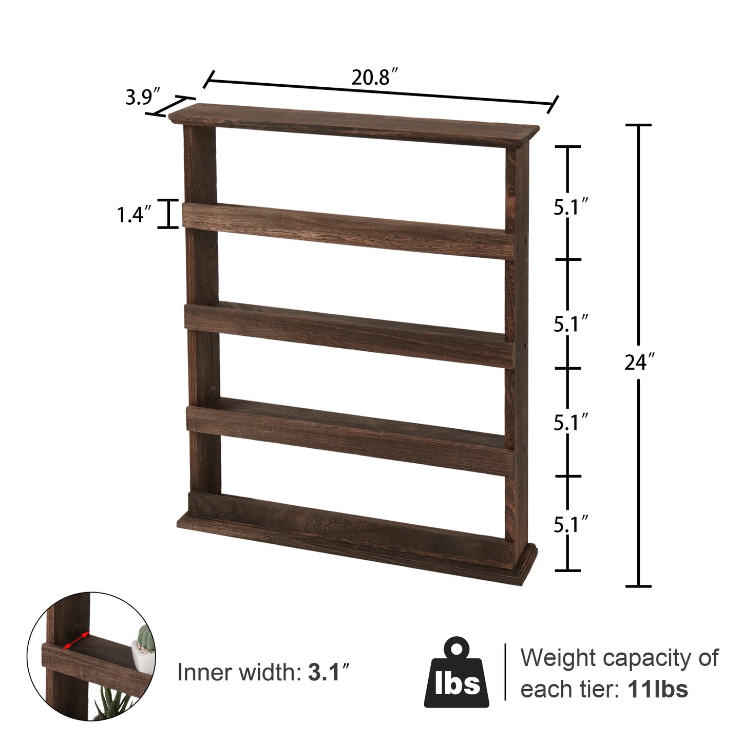 4 Tier Wood Spice Rack Desktop Wall Hanging Shelf Holder Kitchen Cabinet Flamed Organizer