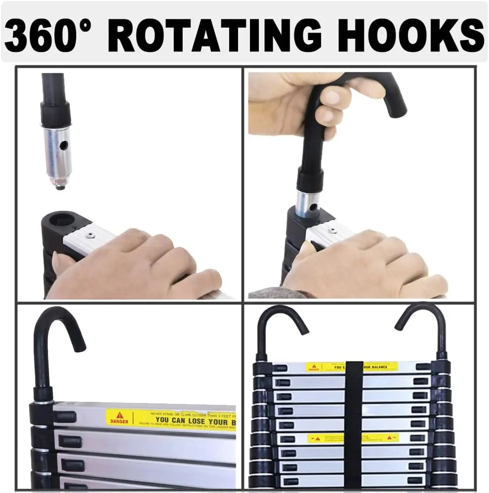 6.2M Heavy Duty Telescopic Ladders with Hooks 14 Steps Aluminum Extending Roof Ladder for Multi-Purpose Indoor Outdoor Roof Work