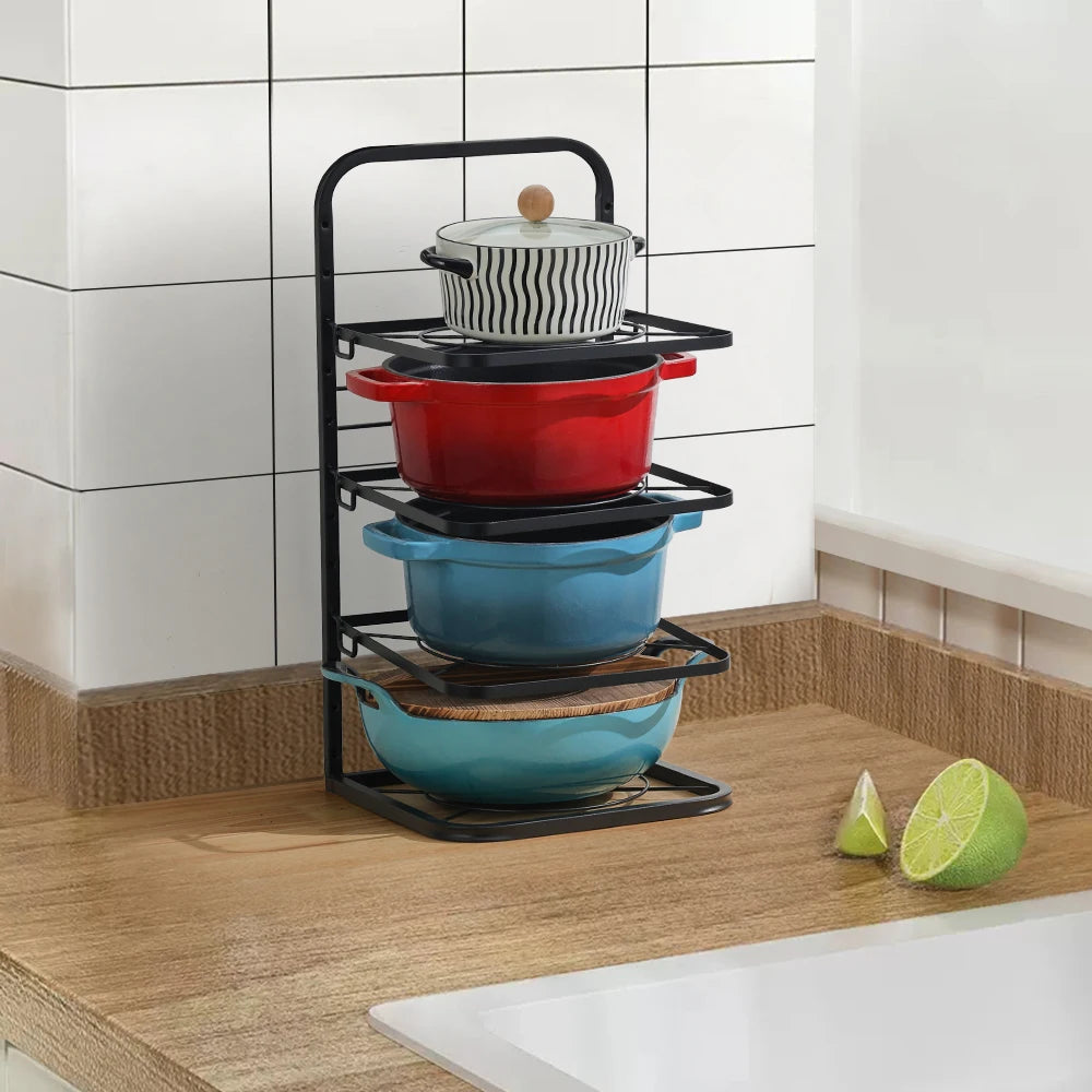 4-Tier Black Freestanding Kitchen Pot Rack Organizer, Heavy Duty Iron Adjustable Dividers Rust-Proof Storage Rack 26X26.5X52.5Cm
