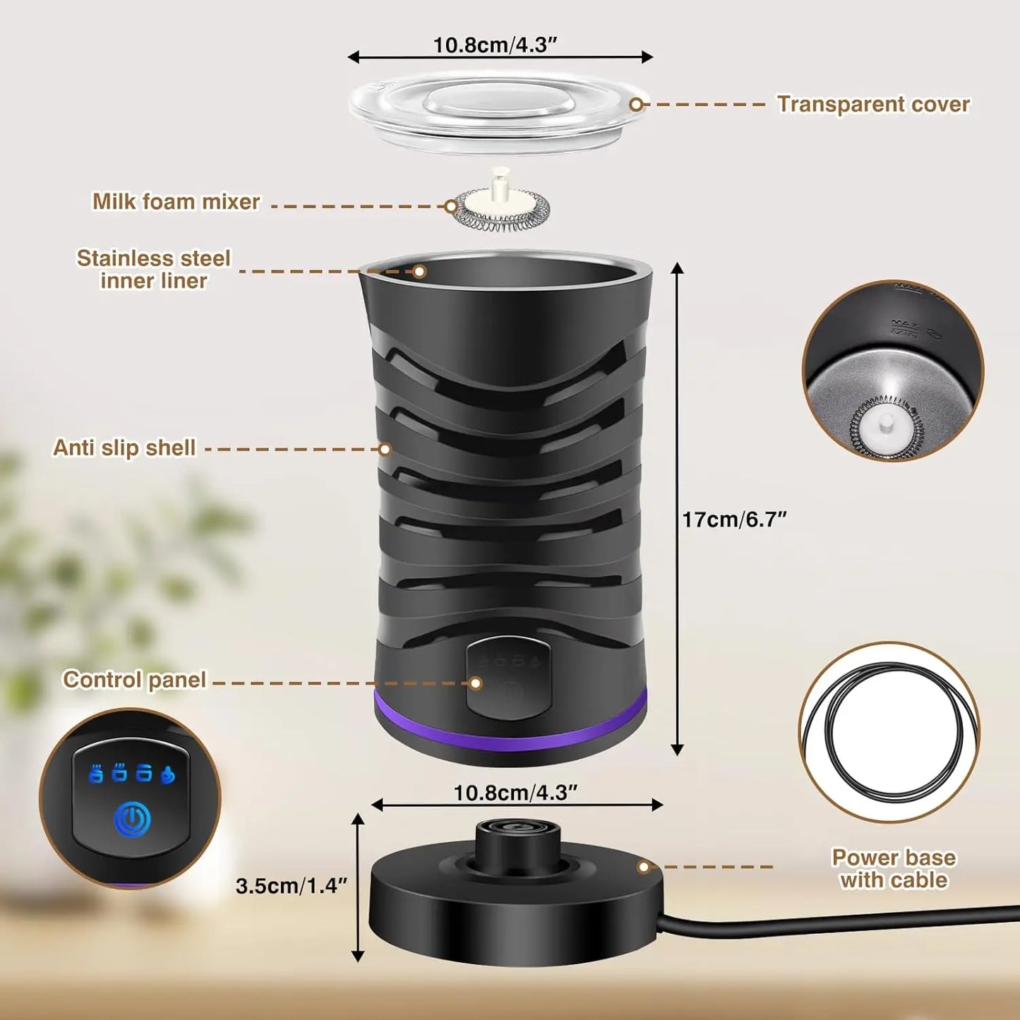 Electric Milk Frother Automatic Shut-Off Coffee Frother Hot and Cold Milk Frother Milk Warmer 600Ml