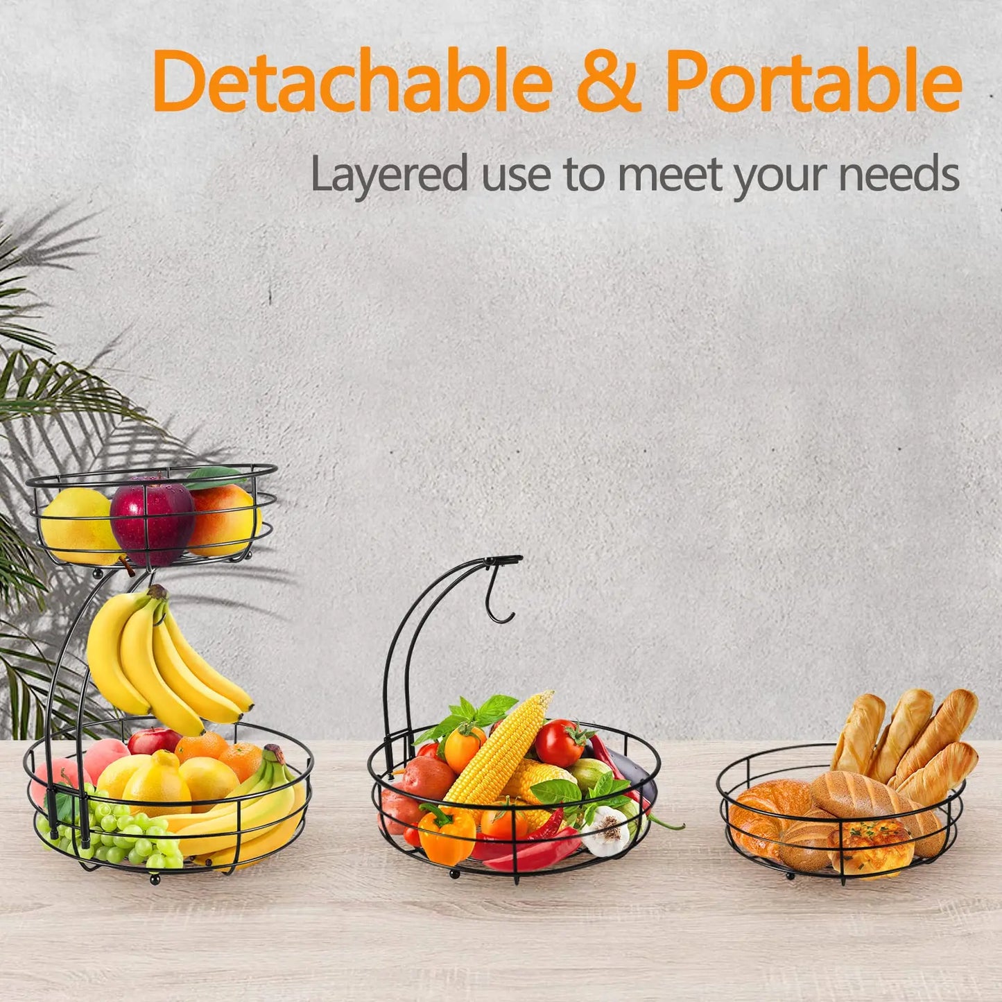 Fruit Basket, 2-Tier Fruit Bowl with Banana Hanger, , Metal Luxurious Fruit Basket-Vegetable Holder, Home Decor