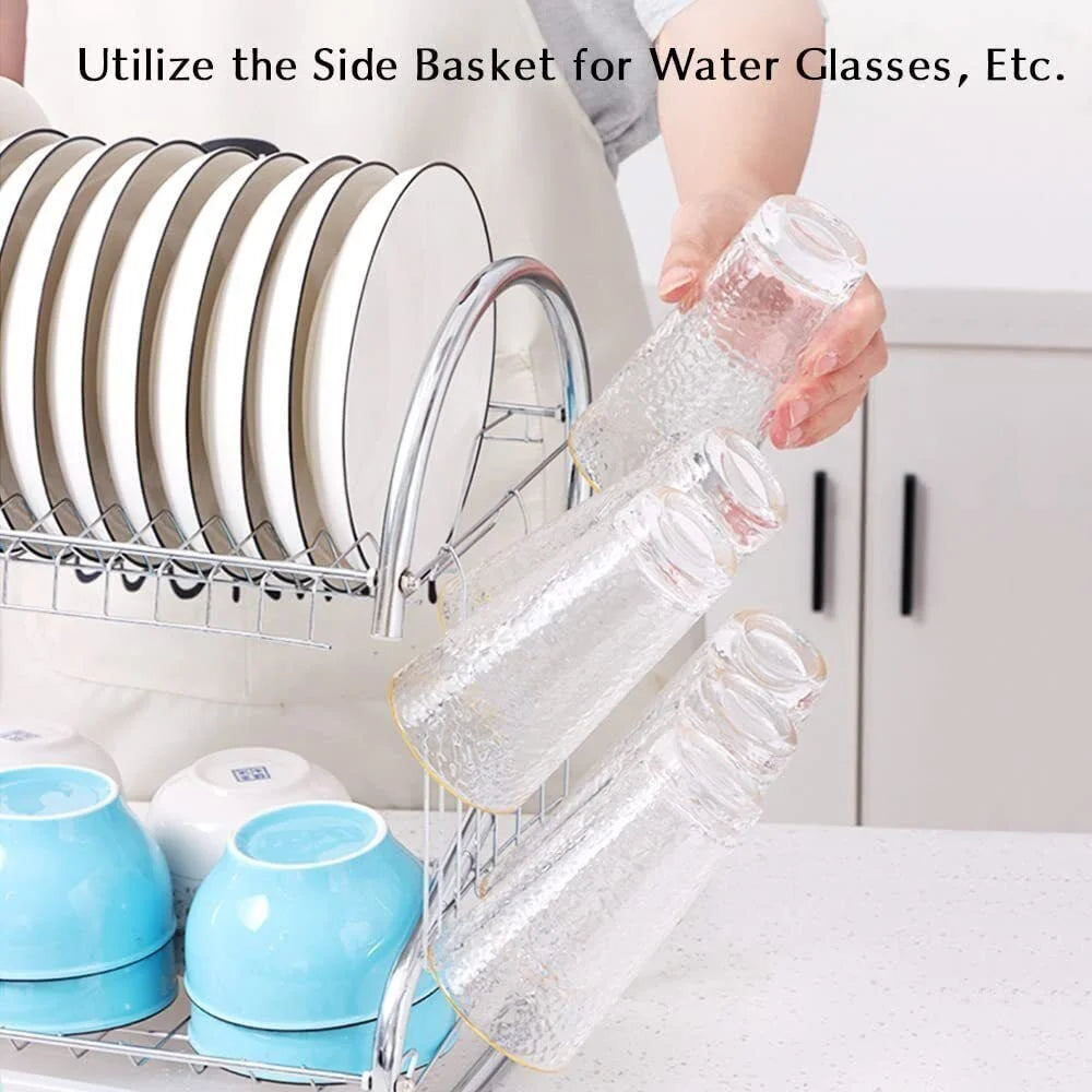 2 Tier Dish Drainer Rack with Drip Tray Kitchen Drying Rack Bowl Plate Holder UK