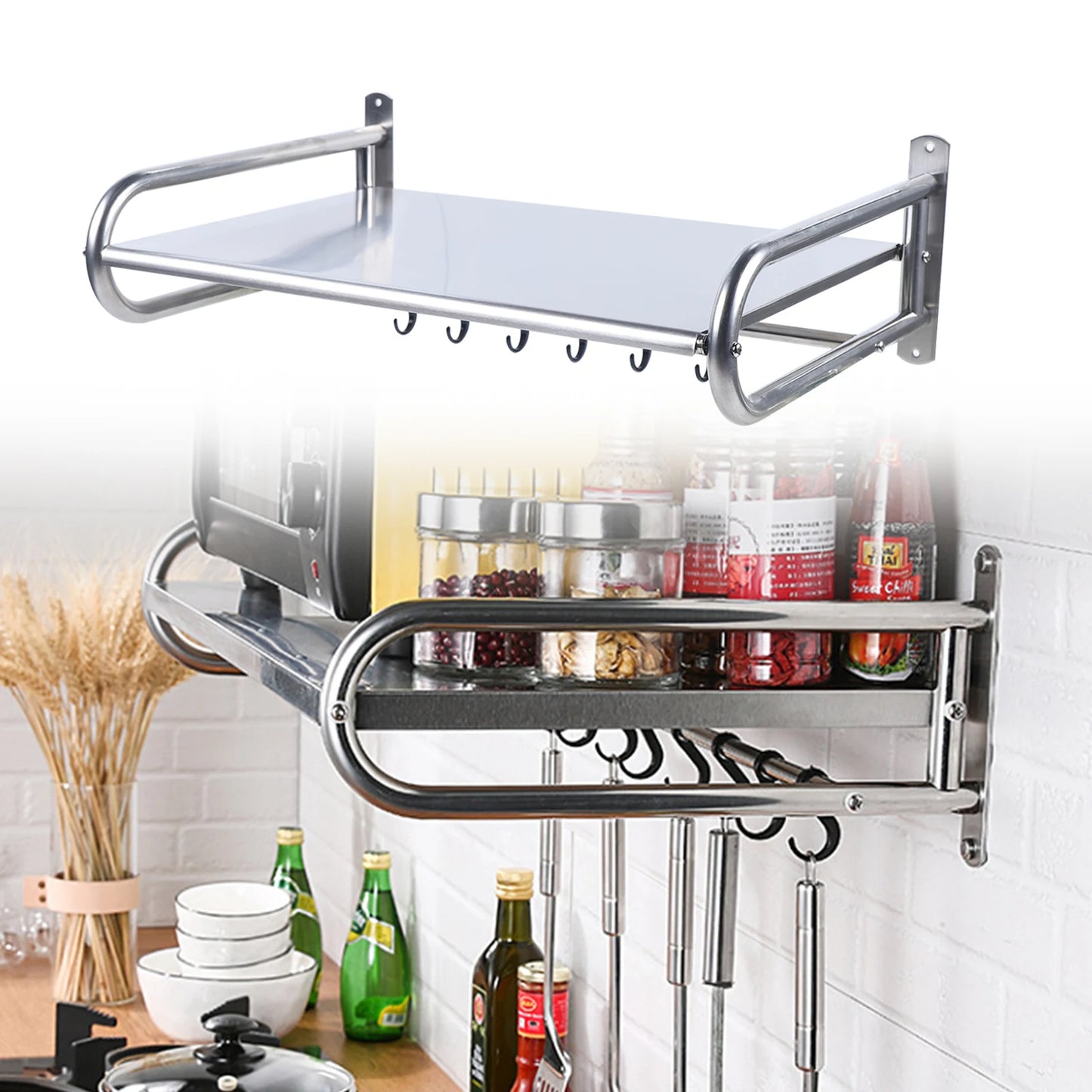 Kitchen Shelf 2KG Max Load 30KG Stainless Steel Sturdy Microwave Oven Shelf Wall-Mounted