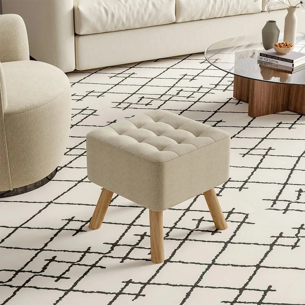 Linen Fabric Padded Household Multifunctional Wooden Leg Footstool