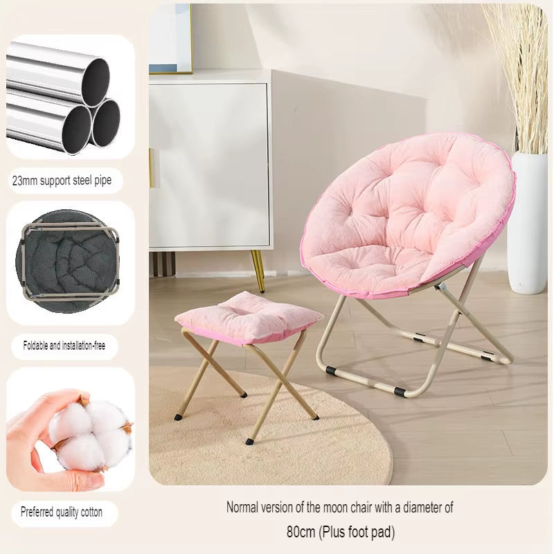 Round Folding Faux Fur Saucer Chair for Bedroom Living Room Dorm Comfy Furry Padded Soft Cozy Moon Chair with Footrest Ottoman