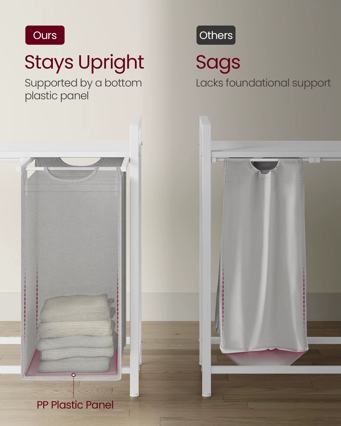 Laundry Basket, 3-Compartment Laundry Hamper, Pull-Out and Removable Laundry Bags, Laundry Sorter, Shelf