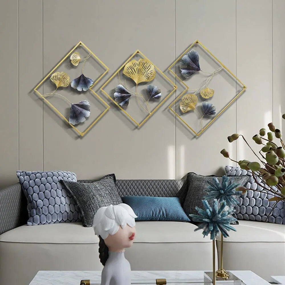 3 Pack Ginkgo Wall Decoration 3D Metal Wall Decor Leaf Wall Background for Living Room Home Office