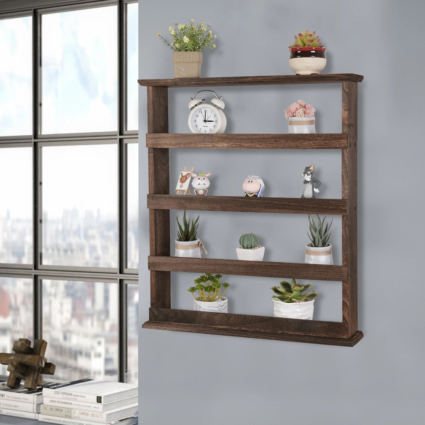 4 Tier Wood Spice Rack Desktop Wall Hanging Shelf Holder Kitchen Cabinet Flamed Organizer