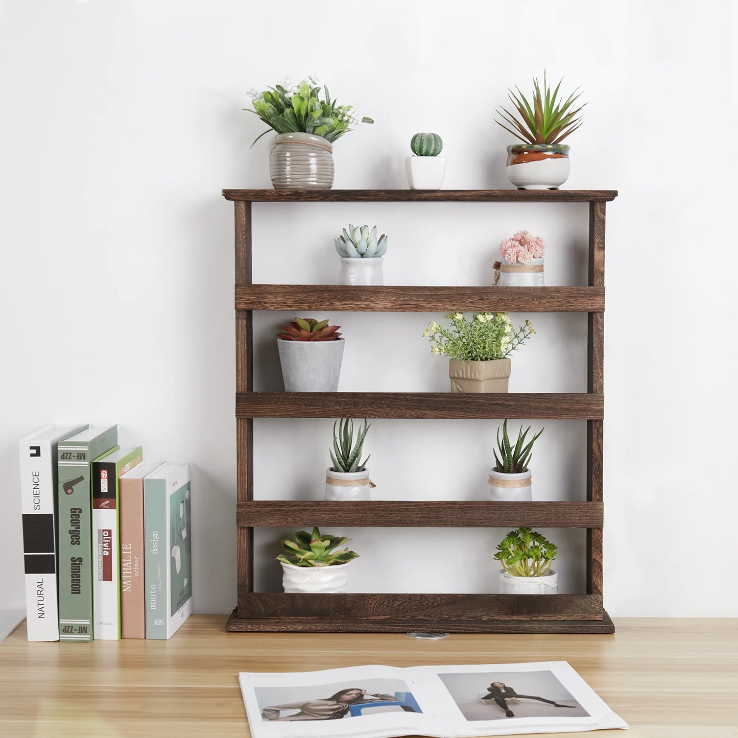 4 Tier Wood Spice Rack Desktop Wall Hanging Shelf Holder Kitchen Cabinet Flamed Organizer