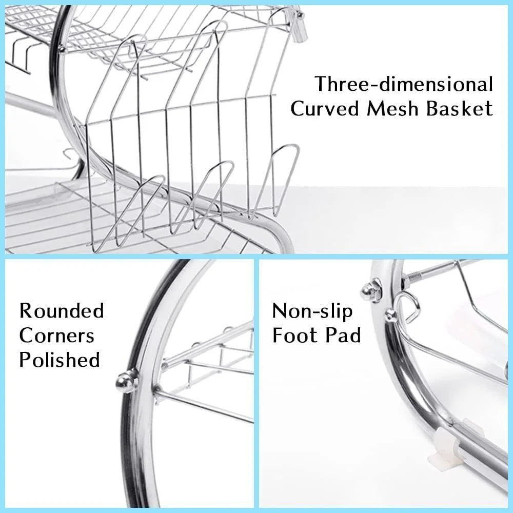 2 Tier Dish Drainer Rack with Drip Tray Kitchen Drying Rack Bowl Plate Holder UK