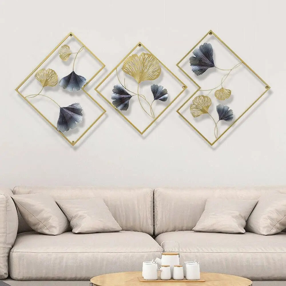 3 Pack Ginkgo Wall Decoration 3D Metal Wall Decor Leaf Wall Background for Living Room Home Office