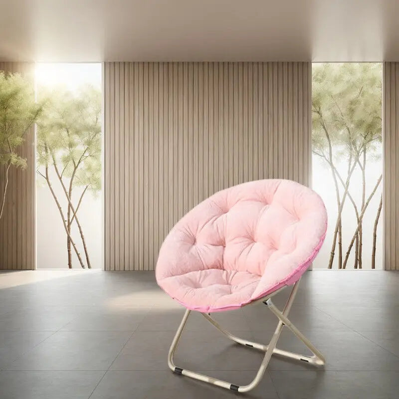 Round Folding Faux Fur Saucer Chair for Bedroom Living Room Dorm Comfy Furry Padded Soft Cozy Moon Chair with Footrest Ottoman