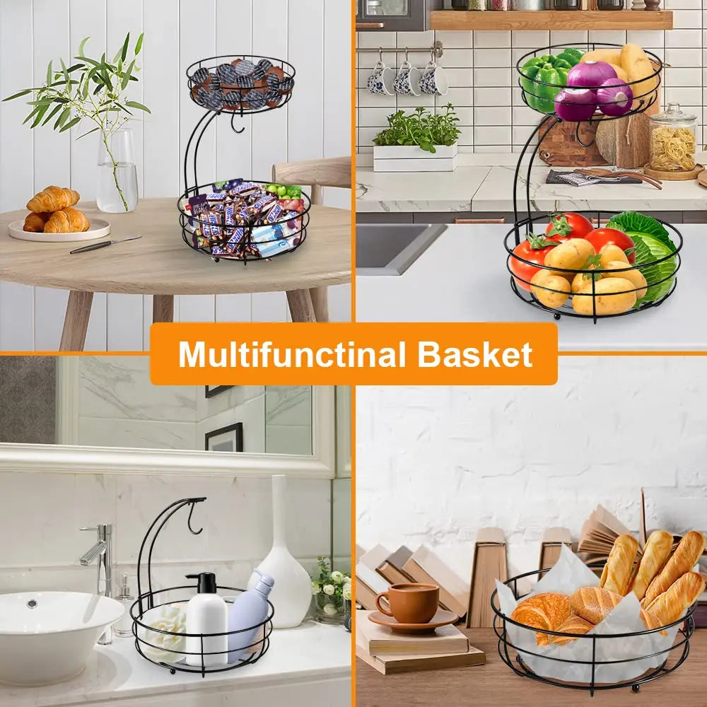 Fruit Basket, 2-Tier Fruit Bowl with Banana Hanger, , Metal Luxurious Fruit Basket-Vegetable Holder, Home Decor