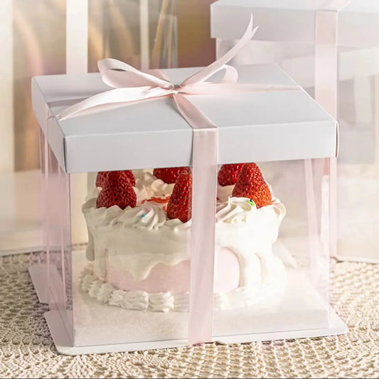 10 Inch Clear Plastic Cake Gift Box with Ribbon 30Cm W X 30Cm D X 35Cm H