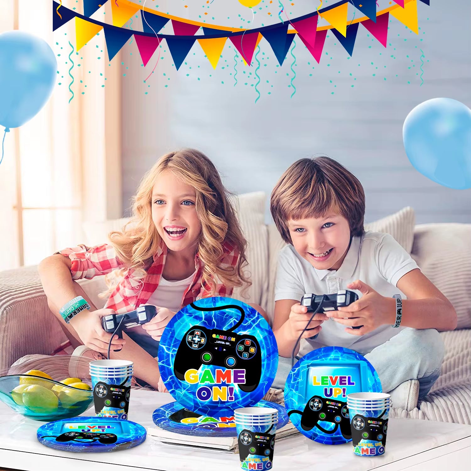 Gamer Birthday Decorations Blue, 65Pcs Gaming Party Tableware Set - Game Themed Party Plate Cups Napkins Tablecloth Etc