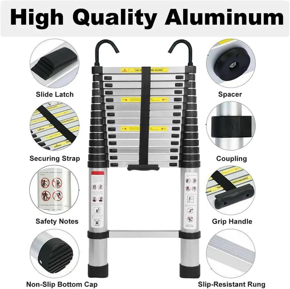 6.2M Heavy Duty Telescopic Ladders with Hooks 14 Steps Aluminum Extending Roof Ladder for Multi-Purpose Indoor Outdoor Roof Work