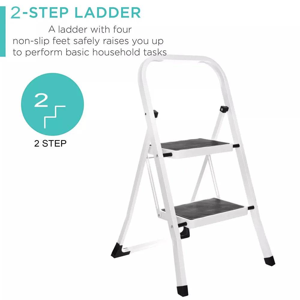 2 Step Steel Ladder Folding Stepstool Seat Ladder Metal Foot Stool with Safety Slip Rubber Feet for Office and Home