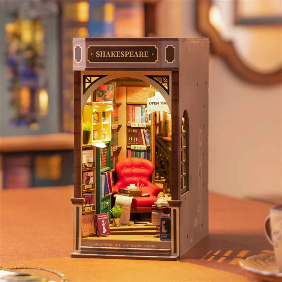 Rolife Bookstore Book Nook Bookend Model Kit with LED Light DIY Miniature House Kit for Bookshelf Decor - TGB07