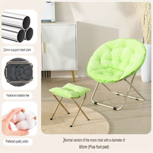 Round Folding Faux Fur Saucer Chair for Bedroom Living Room Dorm Comfy Furry Padded Soft Cozy Moon Chair with Footrest Ottoman