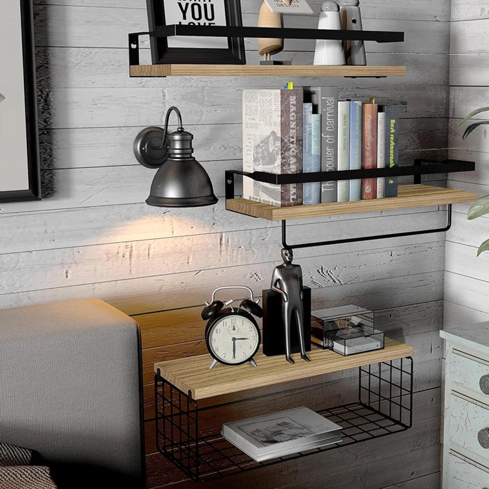 [UK Stock] Bathroom Shelves Floating Shelves with Wire Storage Basket Bathroom Shelves over Toilet Multifunction Shelves