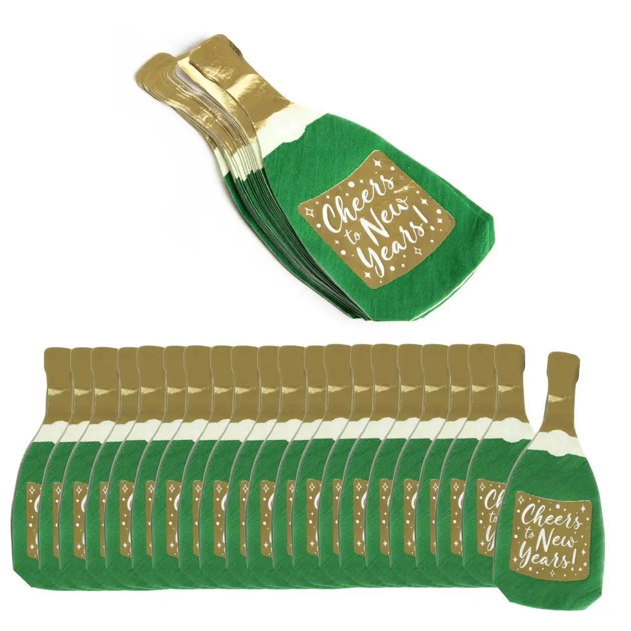 Pack of 60 Champagne Bottle Napkins - Green & Gold Champagne Bottle Shaped Disposable Napkins - New Years Eve Party Tableware