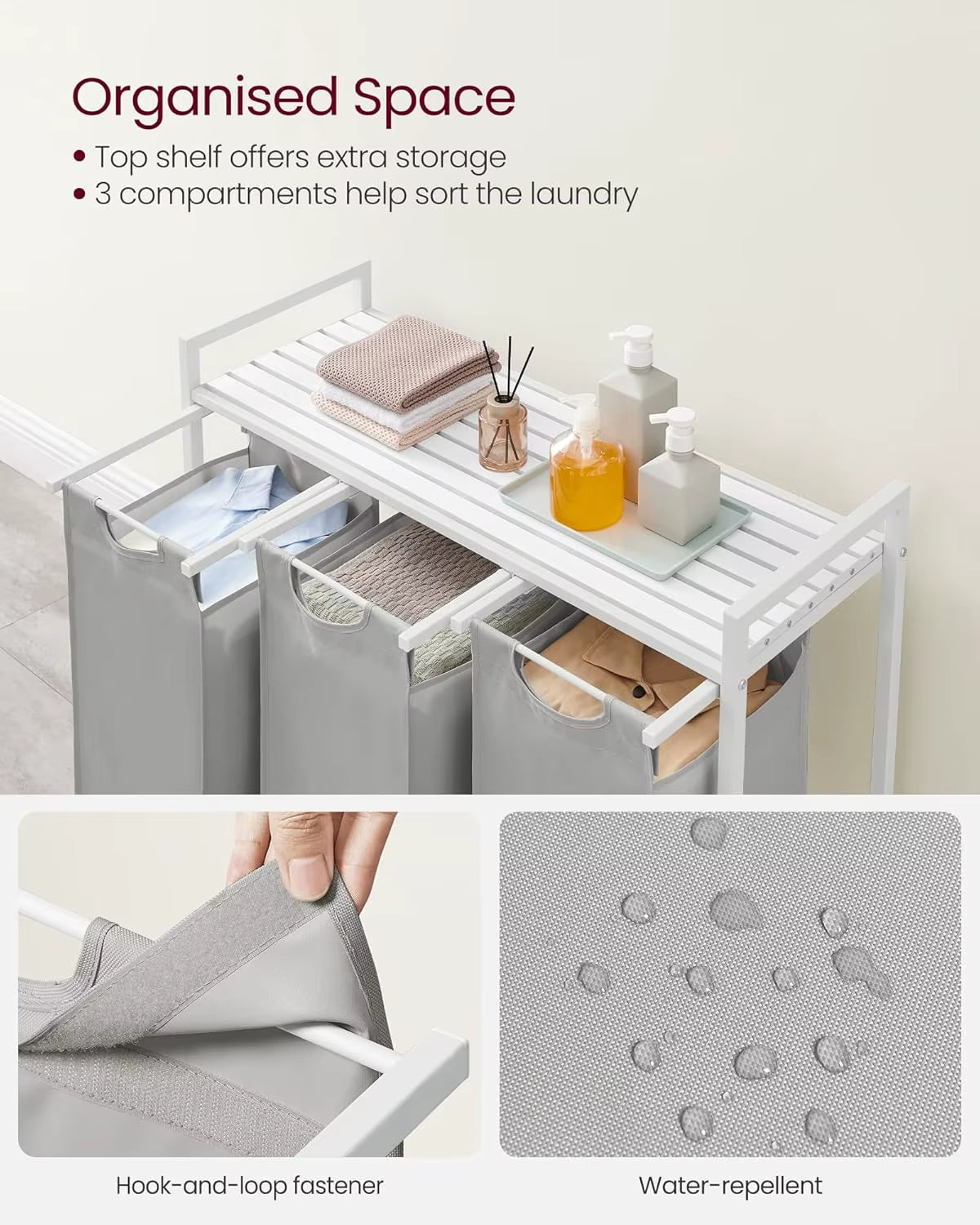 Laundry Basket, 3-Compartment Laundry Hamper, Pull-Out and Removable Laundry Bags, Laundry Sorter, Shelf