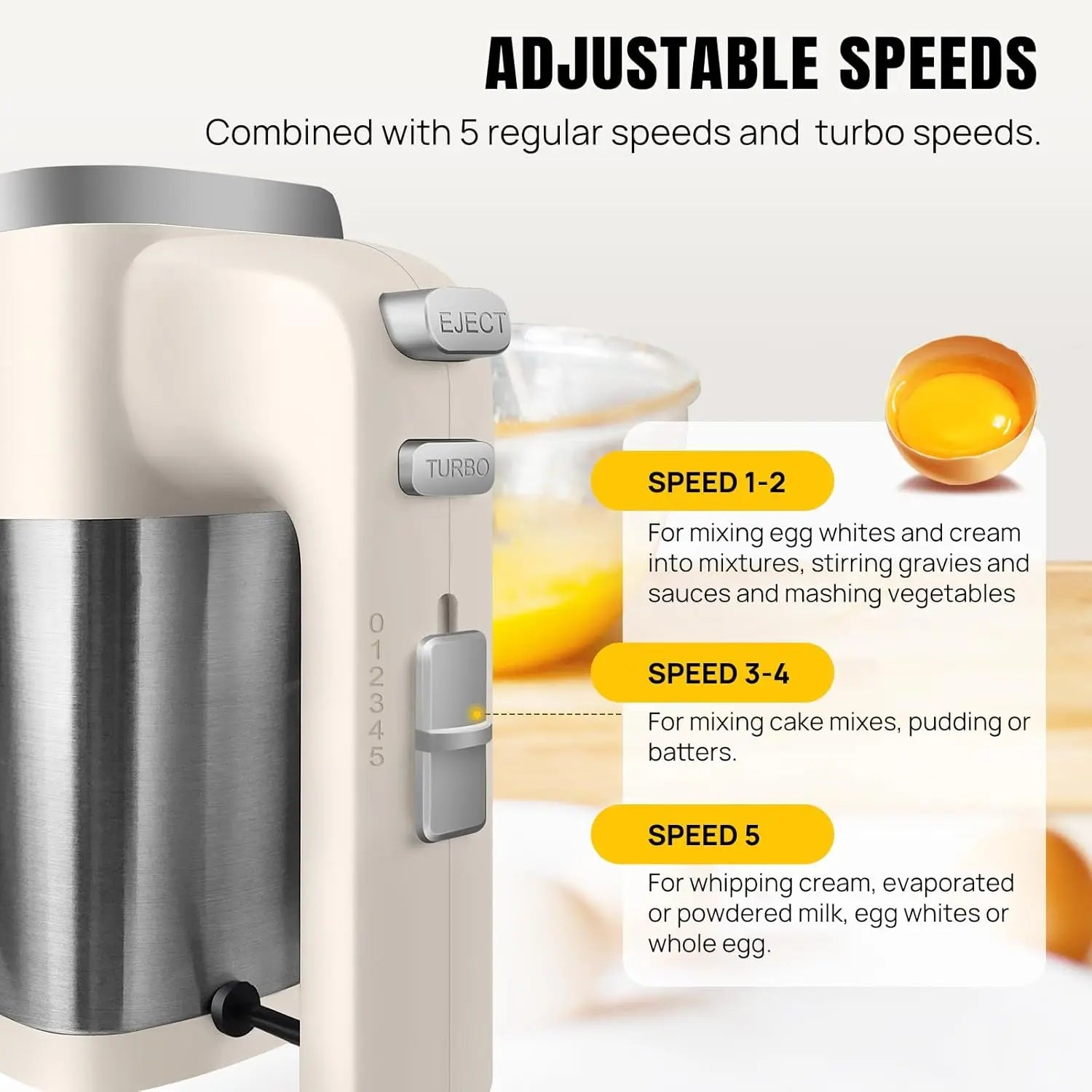 Dayplus Electric Mixer 200W Electric Hand Whisk, 5-Speed with Turbo Button, 4 Stainless Steel Attachments Food Cake Mixer Baking