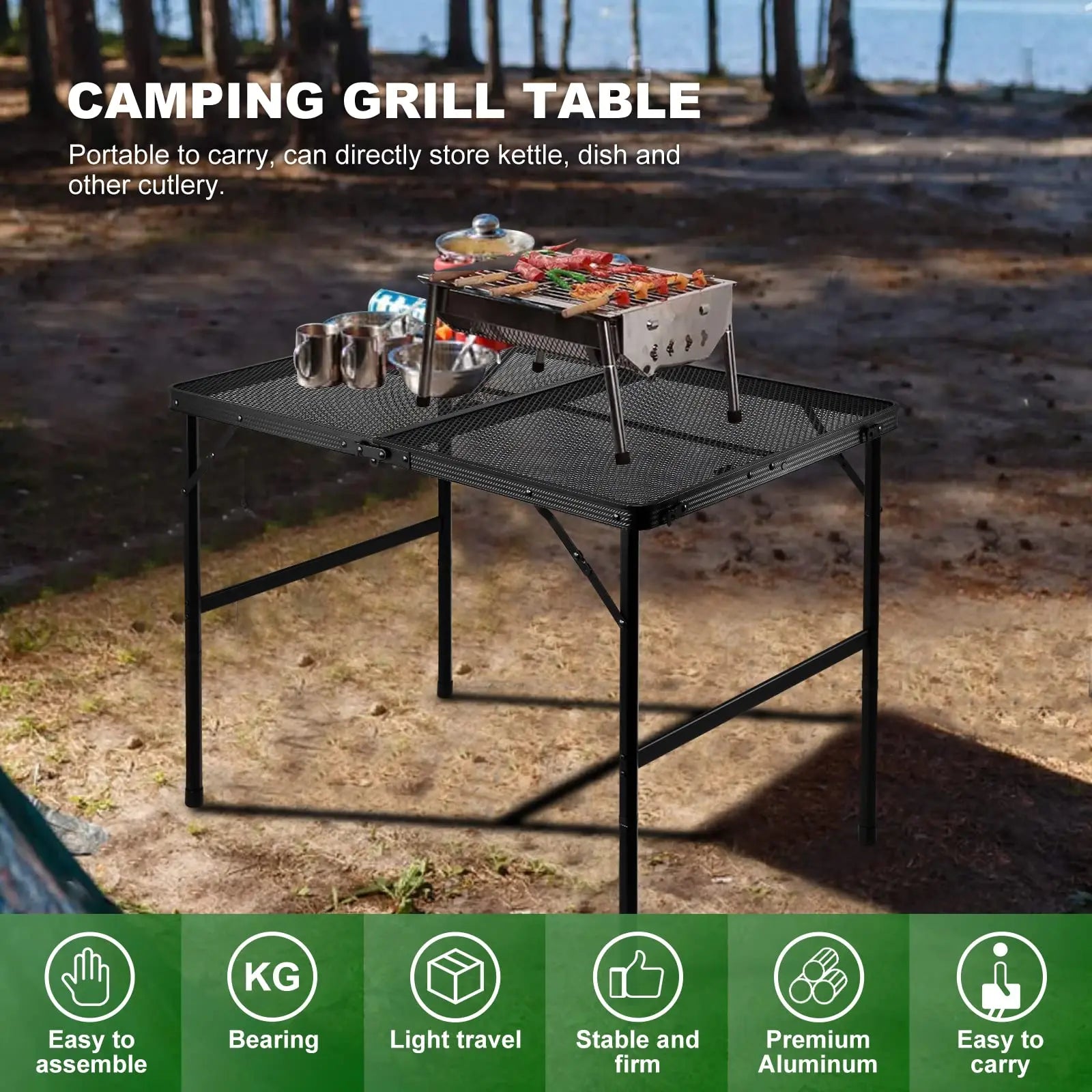 Grill Table for Outside,Lightweight Aluminum Folding Portable Metal Mesh Outdoor Grill Table for Camping Cooking BBQ RV Picnic