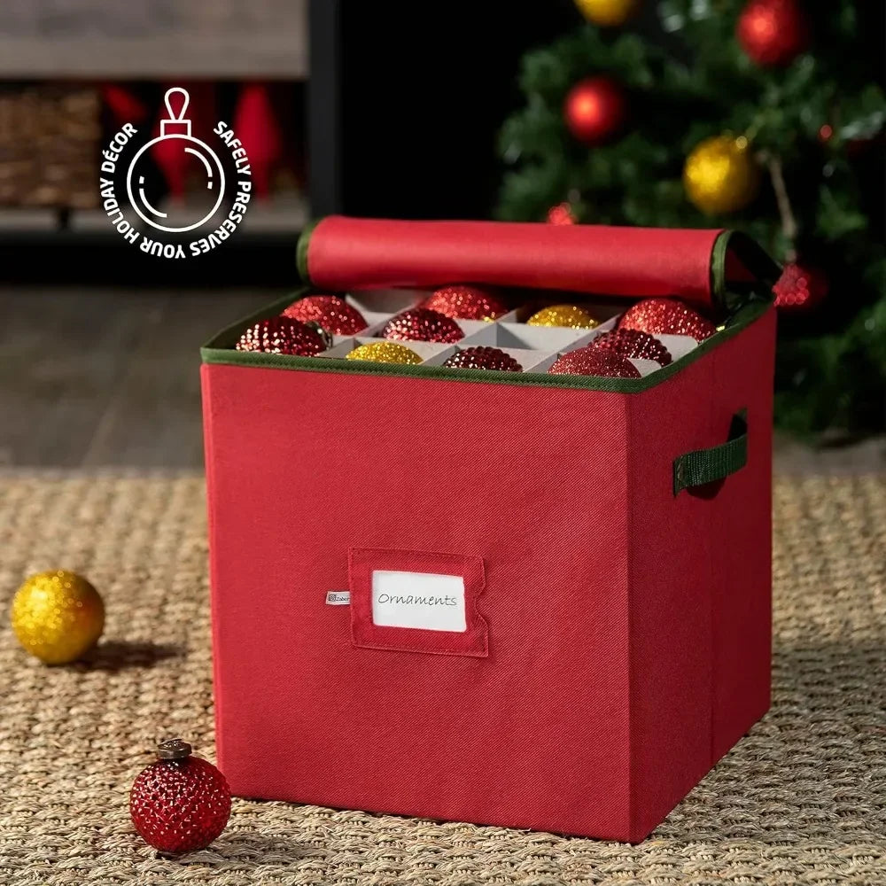 Christmas Ornament Storage Box Stores 64 Ornaments W/Dual Zippers Non Woven Tear Proof Containers 3 Inch Cube