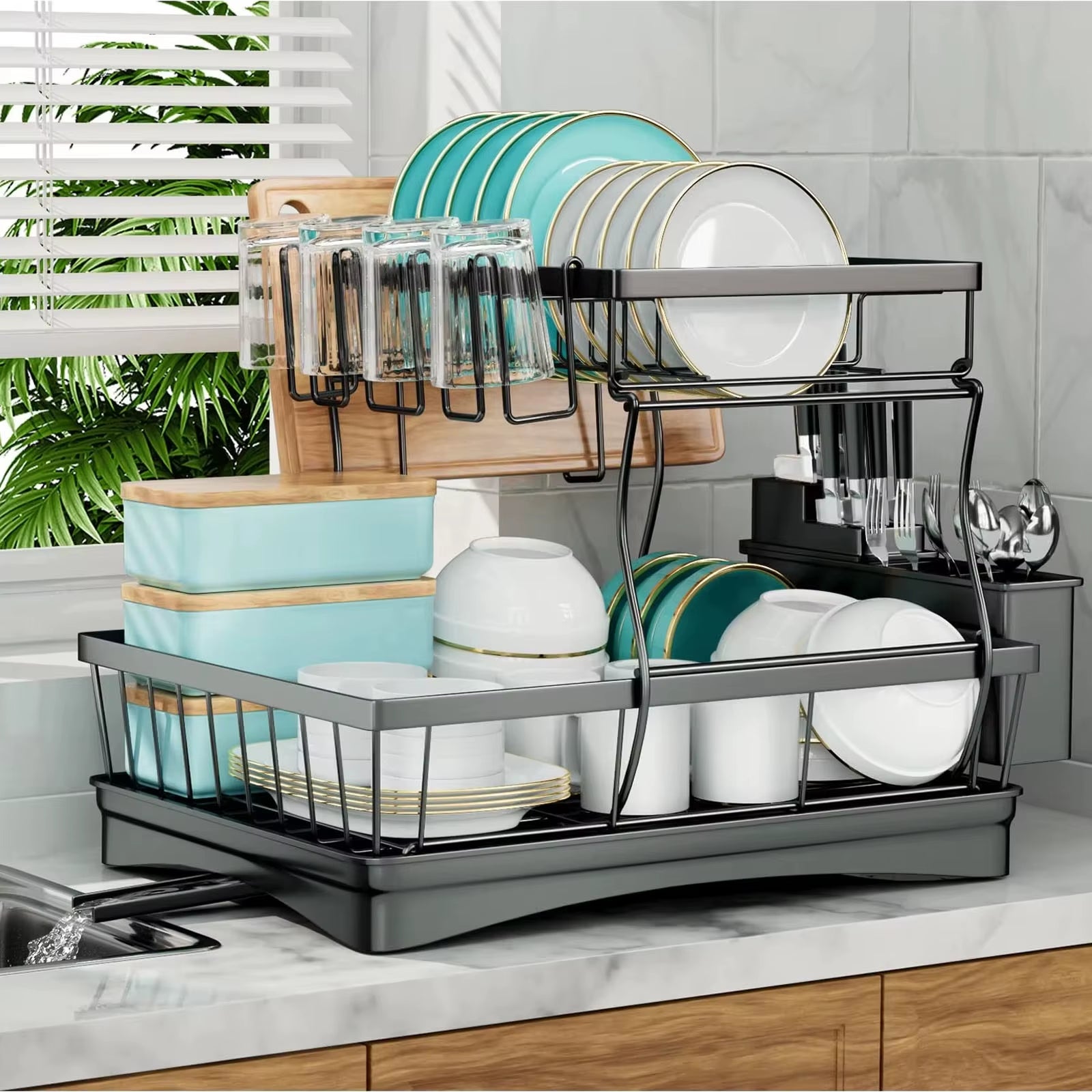 Large 2-Tier Dish Drying Rack for Kitchen Countertops, Removable Large-Capacity Dish Draining Rack