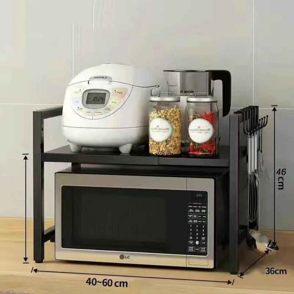 Black Single-Layer Double Bar with 6 Hooks and Extendable Kitchen Storage Rack
