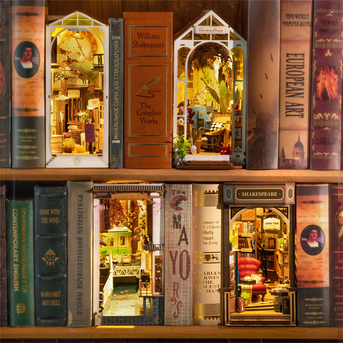 Rolife Bookstore Book Nook Bookend Model Kit with LED Light DIY Miniature House Kit for Bookshelf Decor - TGB07