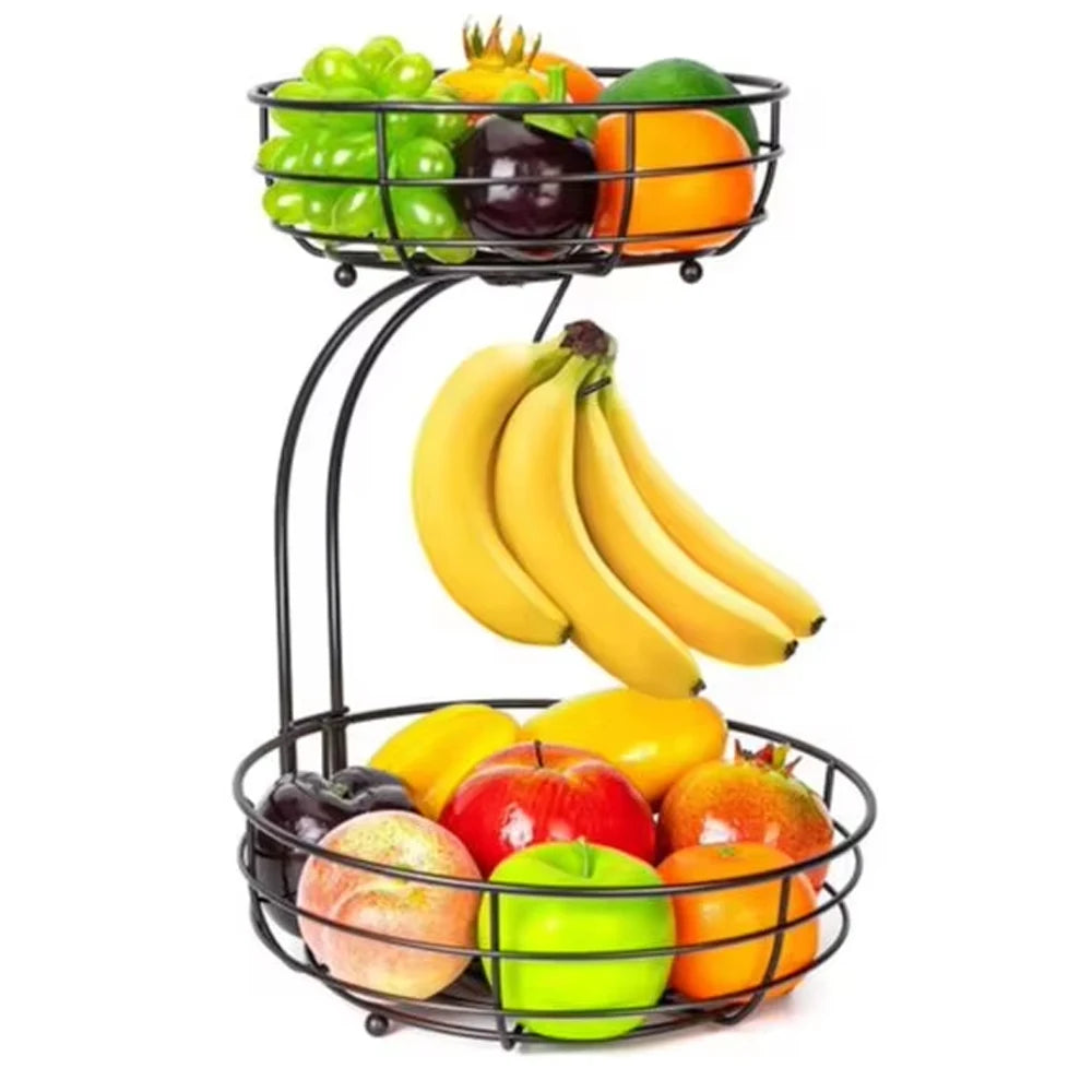 Fruit Basket, 2-Tier Fruit Bowl with Banana Hanger, , Metal Luxurious Fruit Basket-Vegetable Holder, Home Decor