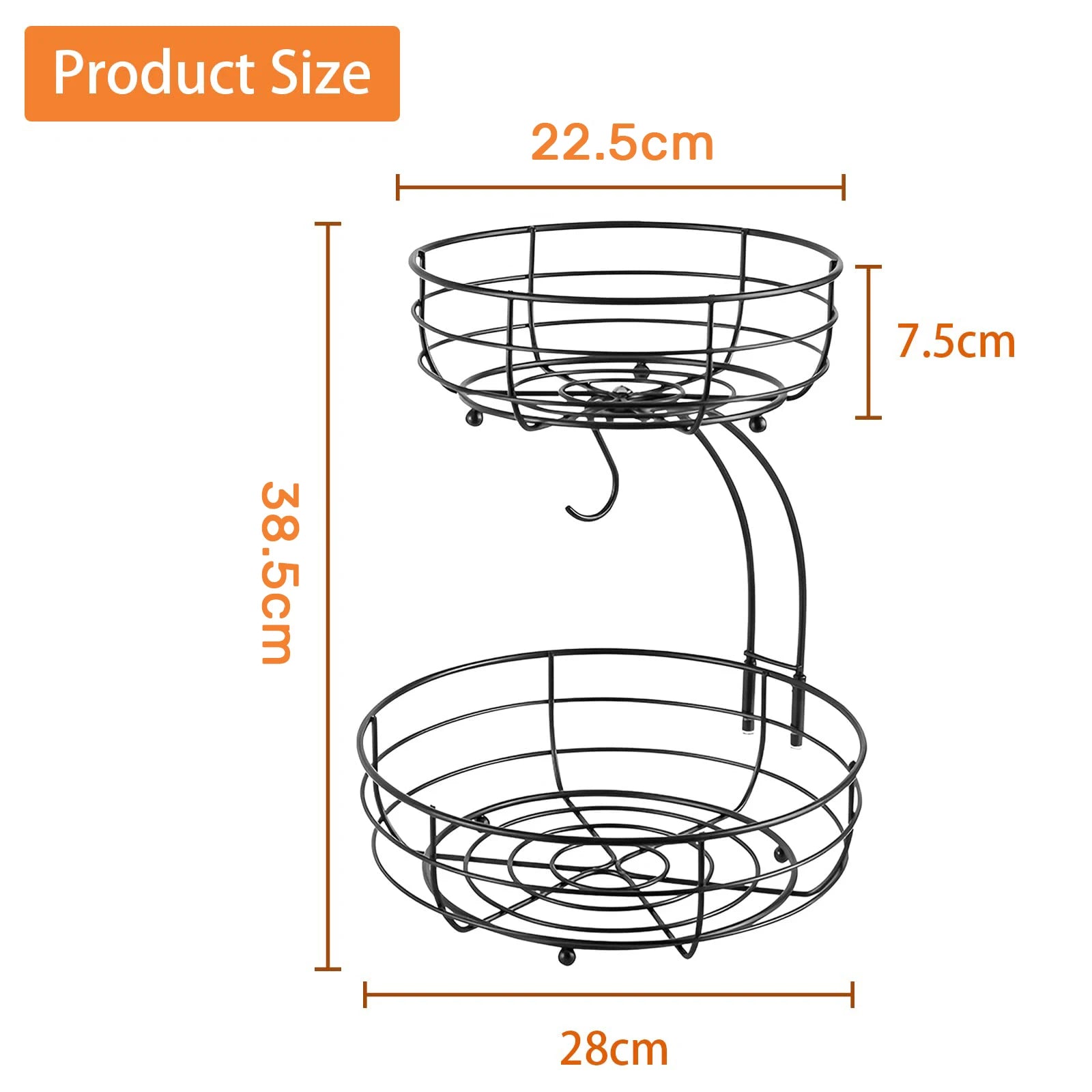 Fruit Basket, 2-Tier Fruit Bowl with Banana Hanger, , Metal Luxurious Fruit Basket-Vegetable Holder, Home Decor