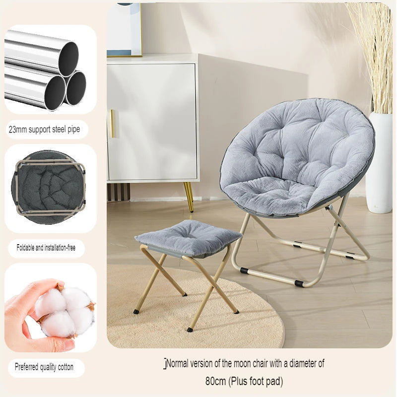 Round Folding Faux Fur Saucer Chair for Bedroom Living Room Dorm Comfy Furry Padded Soft Cozy Moon Chair with Footrest Ottoman