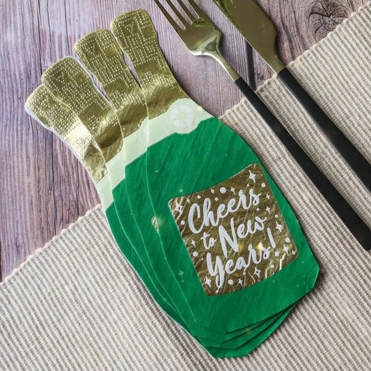 Pack of 60 Champagne Bottle Napkins - Green & Gold Champagne Bottle Shaped Disposable Napkins - New Years Eve Party Tableware