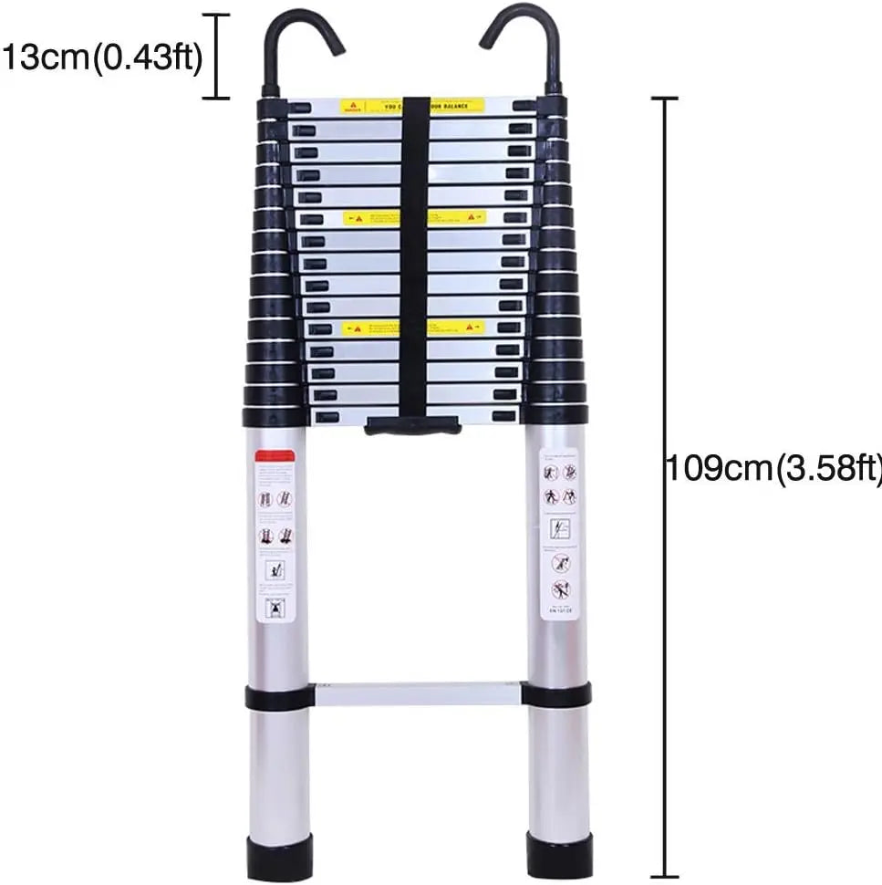 6.2M Heavy Duty Telescopic Ladders with Hooks 14 Steps Aluminum Extending Roof Ladder for Multi-Purpose Indoor Outdoor Roof Work