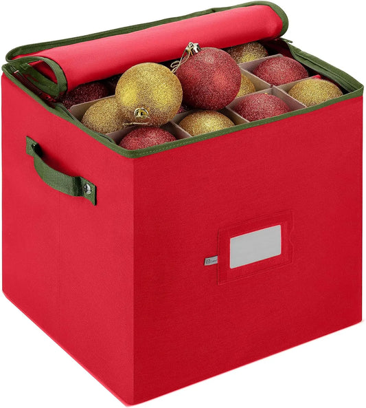 Christmas Ornament Storage Box Stores 64 Ornaments W/Dual Zippers Non Woven Tear Proof Containers 3 Inch Cube