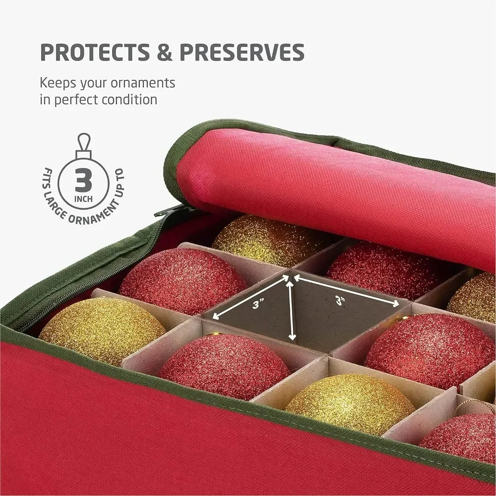 Christmas Ornament Storage Box Stores 64 Ornaments W/Dual Zippers Non Woven Tear Proof Containers 3 Inch Cube