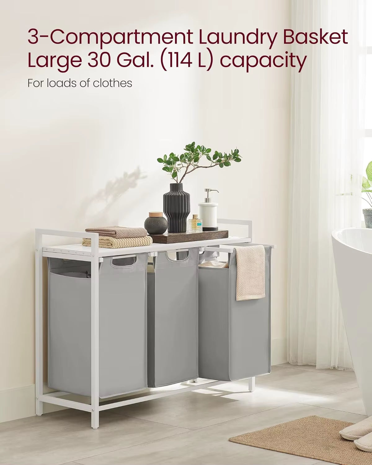 Laundry Basket, 3-Compartment Laundry Hamper, Pull-Out and Removable Laundry Bags, Laundry Sorter, Shelf
