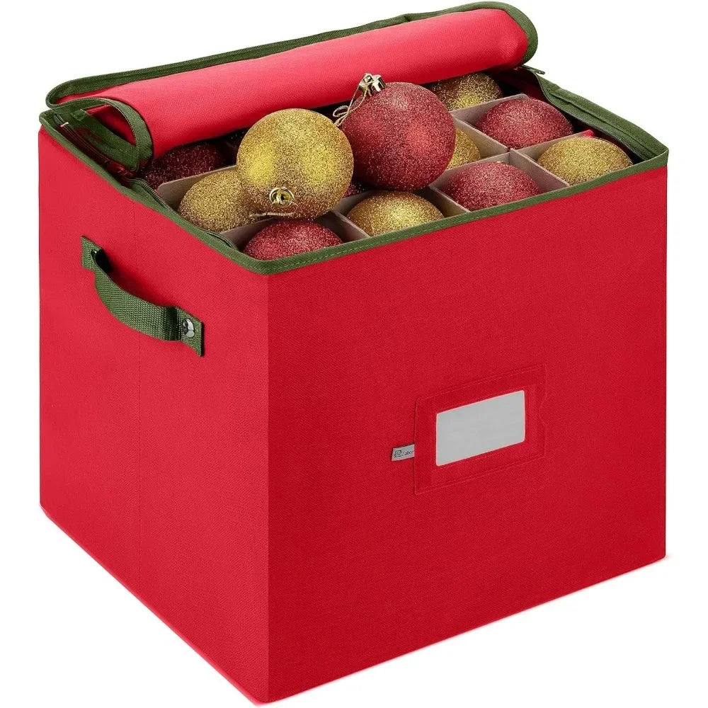 Christmas Ornament Storage Box Stores 64 Ornaments W/Dual Zippers Non Woven Tear Proof Containers 3 Inch Cube