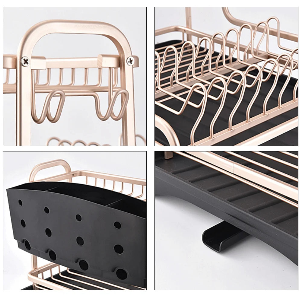 2 Tier Aluminum Dish Storage Rack with Cutlery Holder Drain Hole