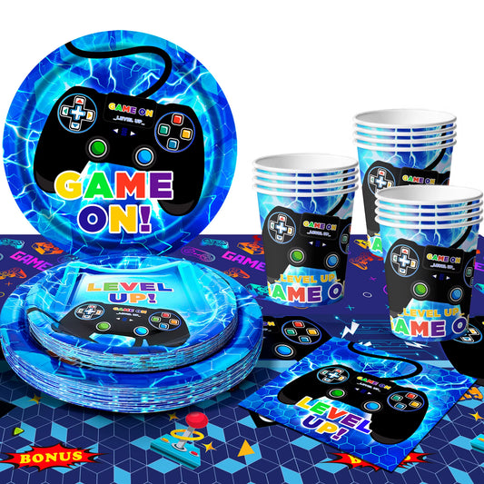 Gamer Birthday Decorations Blue, 65Pcs Gaming Party Tableware Set - Game Themed Party Plate Cups Napkins Tablecloth Etc