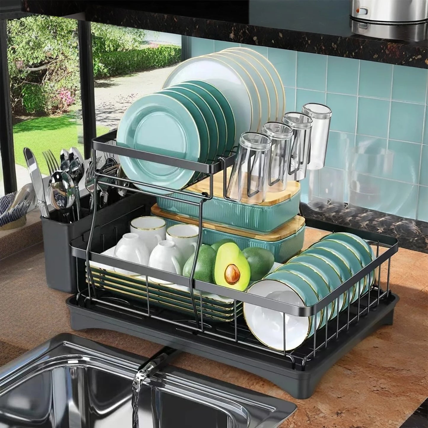Large 2-Tier Dish Drying Rack for Kitchen Countertops, Removable Large-Capacity Dish Draining Rack