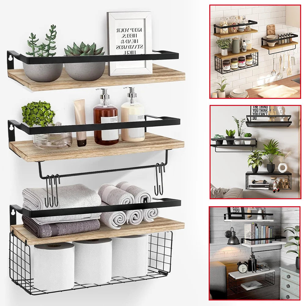 [UK Stock] Bathroom Shelves Floating Shelves with Wire Storage Basket Bathroom Shelves over Toilet Multifunction Shelves